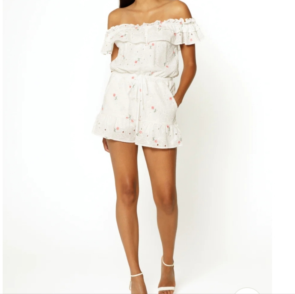 Lavender Brown off the shoulder  floral embroidered romper women's size …